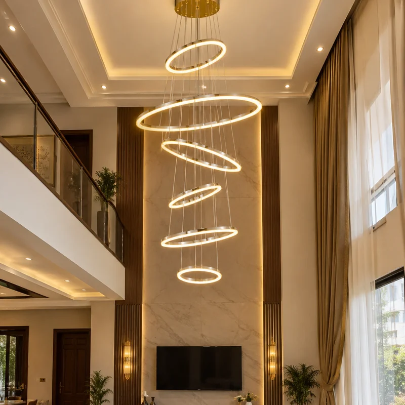 Black Ring LED Double Height Chandelier view 3