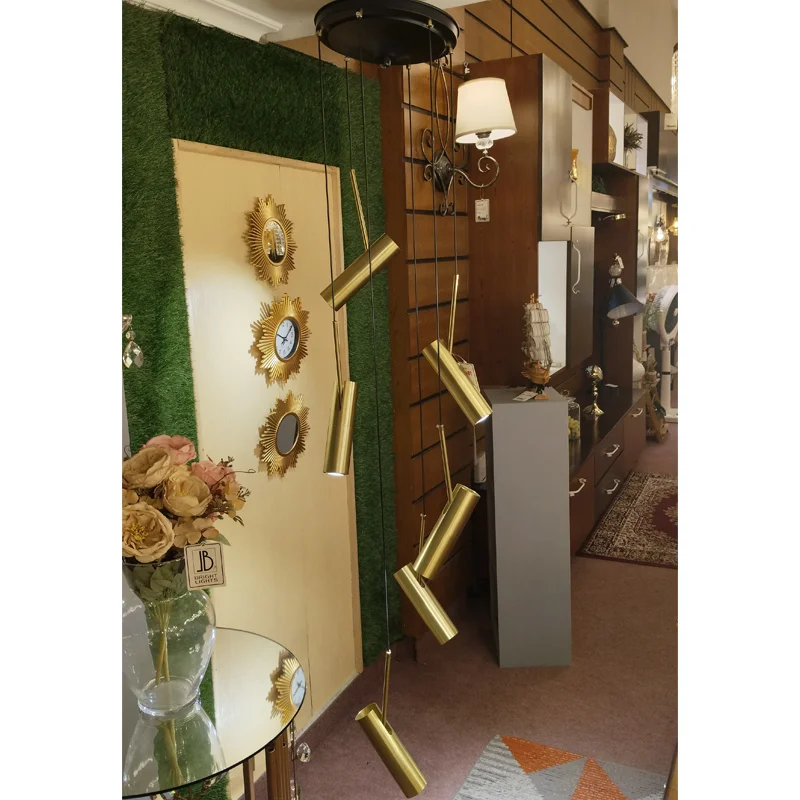 Modern 6-Light Brass Cylinder Pendant Chandelier for Staircase & Entryway view 4