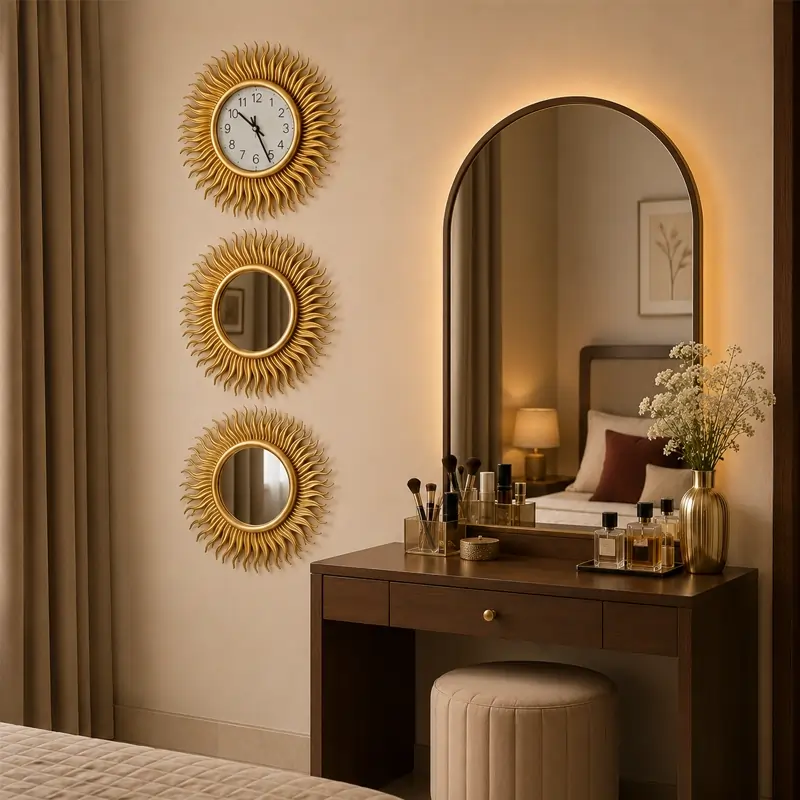 Golden Sunburst WallClock Mirror 3pc Set preview 1
