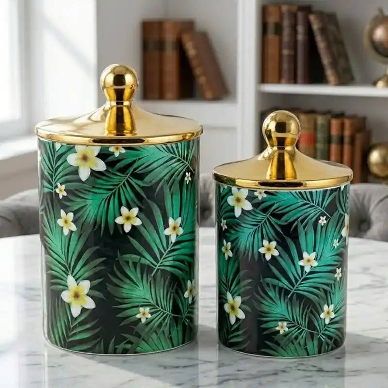 Pair of Green Jars with Lids