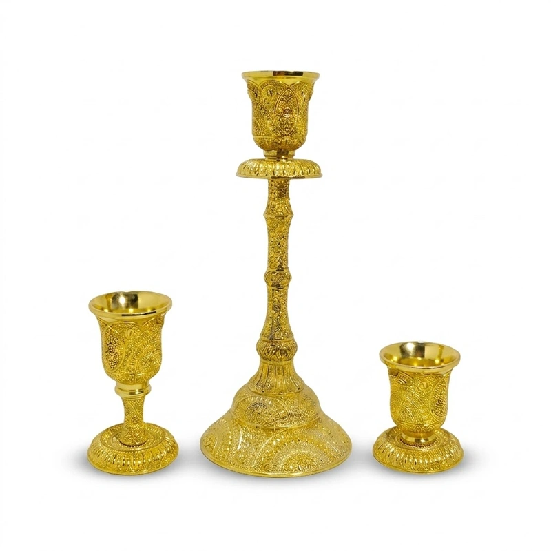 Trio of Golden Pewter Candel Stands preview 3