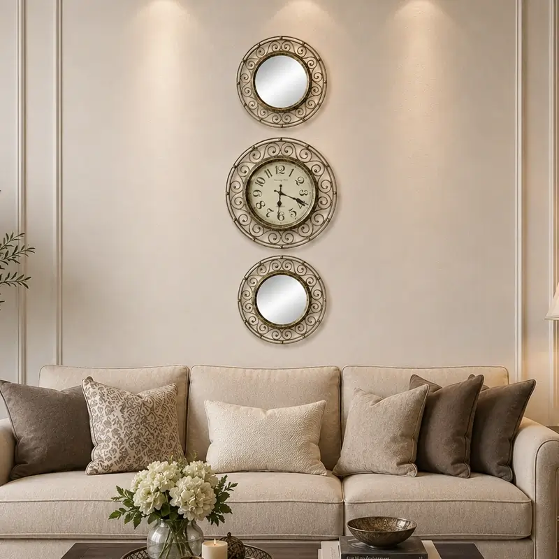 Vintage Scroll Wall Clock & Mirror 3pc Set preview 1
