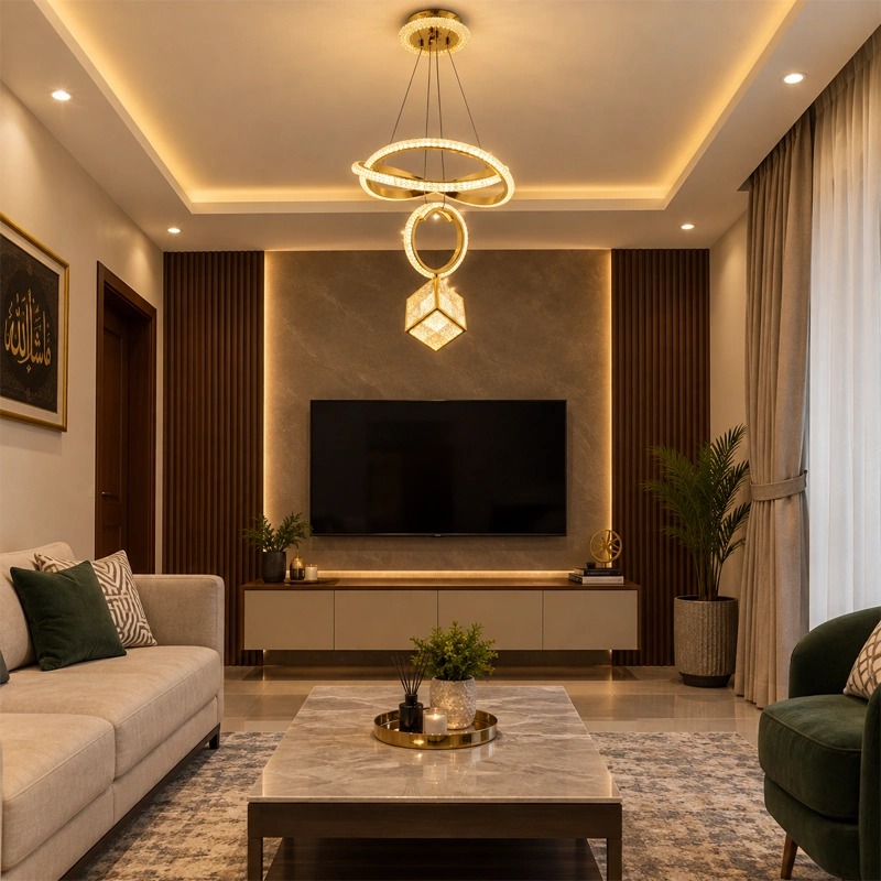 Luxury Cube & Ring Golden LED Pendant view 1