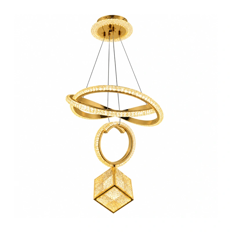 Luxury Cube & Ring Golden LED Pendant view 2