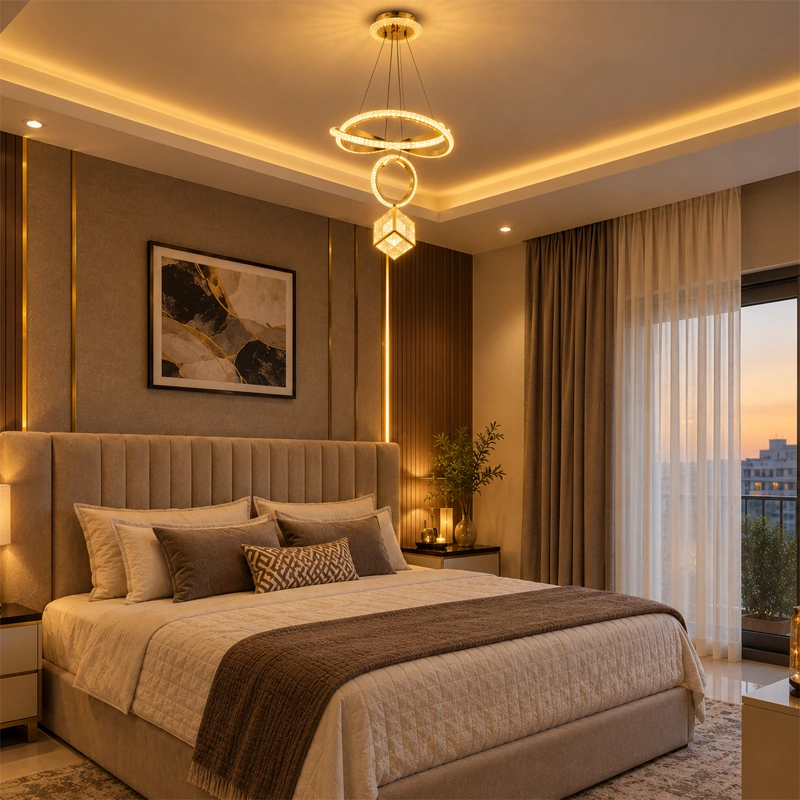 Luxury Cube & Ring Golden LED Pendant view 3